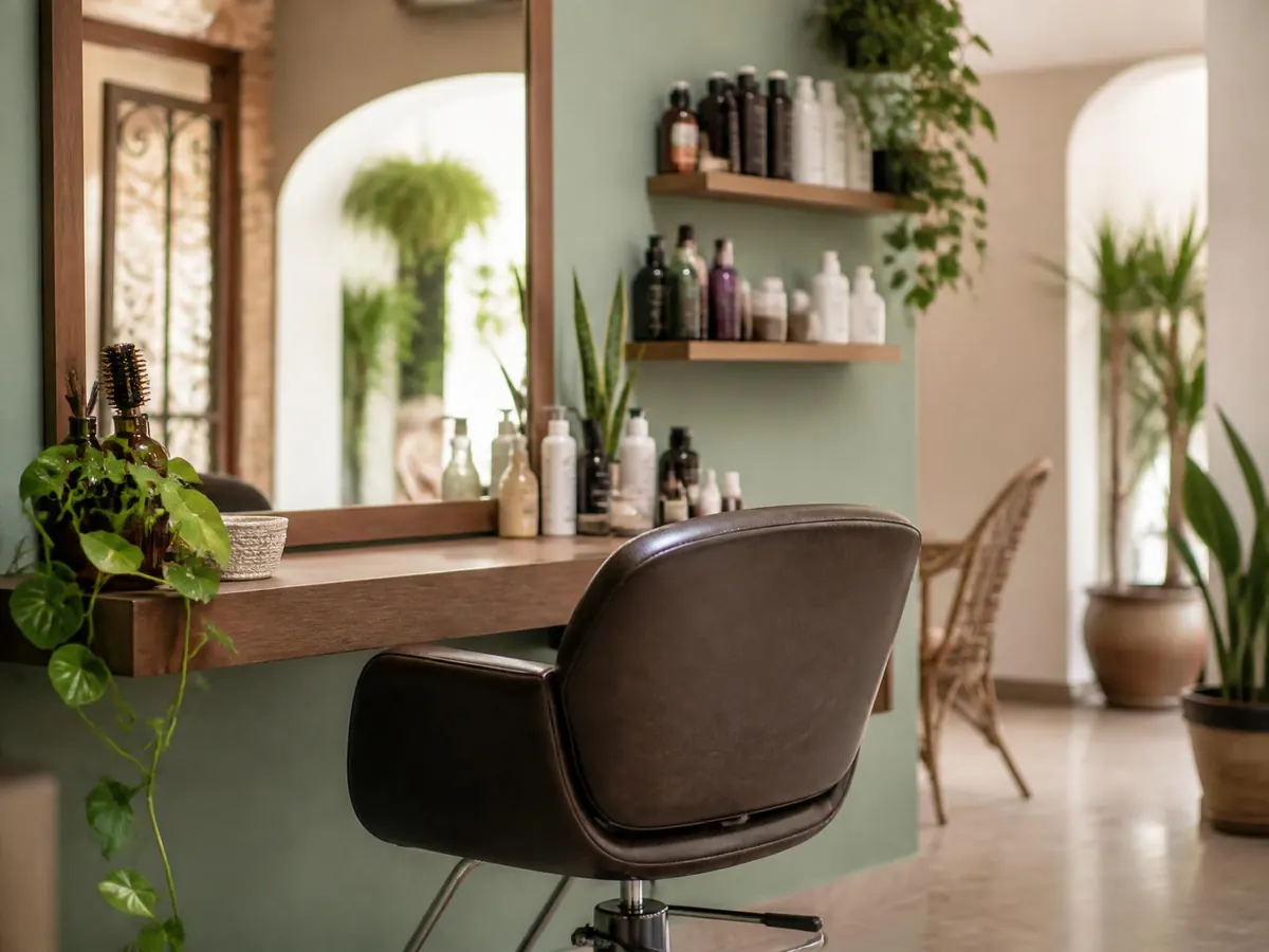 Estética con silla, espejo y productos en repisas
