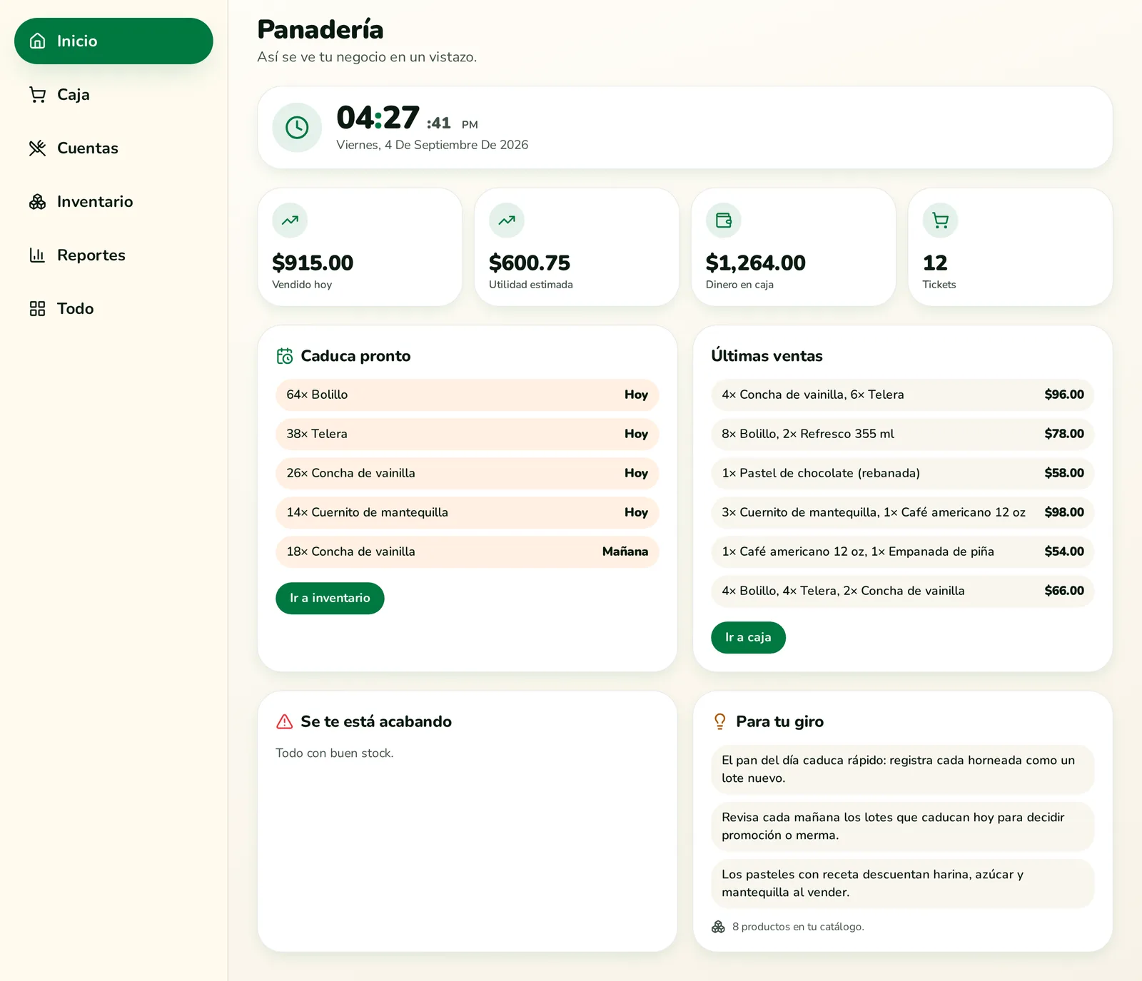 Pantalla de inicio de Ronnae con el resumen del día