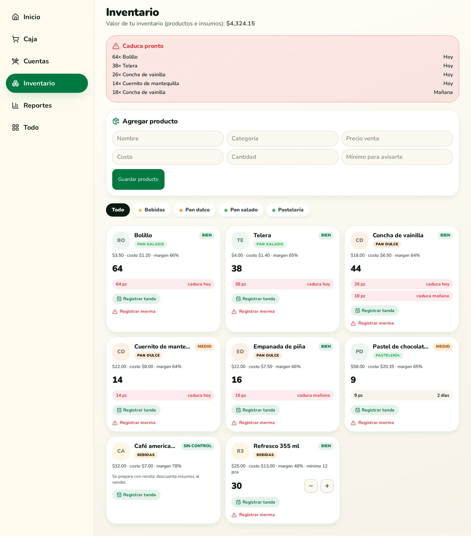 Pantalla de inventario de Ronnae con existencias por lote