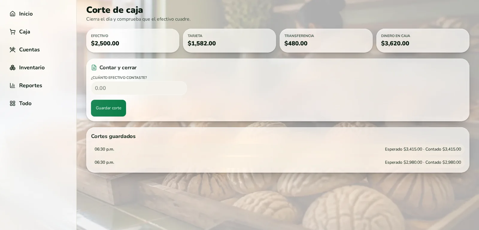 Pantalla de corte de caja de Ronnae al cierre del día